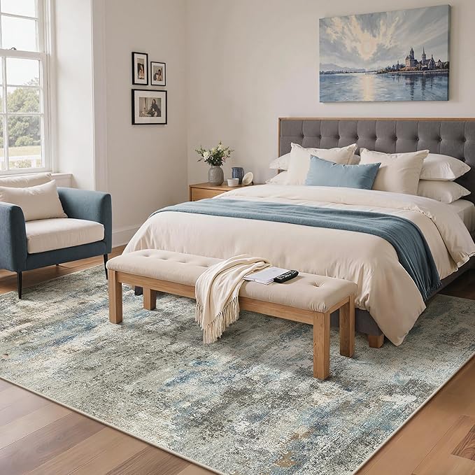 BEIMO Area Rugs 8x10 for Living Room Bedroom, Modern Abstract Machine Washable Rug, Large Soft Low Pile Floor Carpet with Non Slip Backing for Dining Room, Blue/Taupe