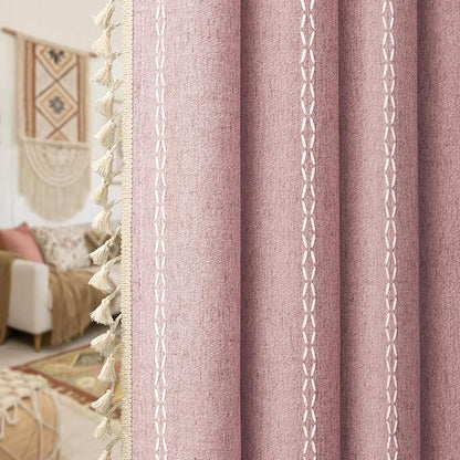 Boho Blackout Curtains 2 Panels 84 Inch for Living Room Bedroom,Pink Linen Texture Farmhouse Curtains with Tassels and Cotton Embroidery Vintage Rustic Western Rod Pocket