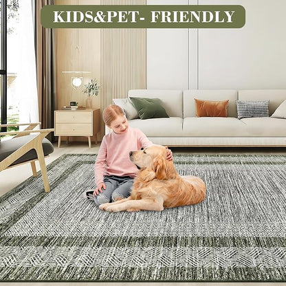 GarveeHome 2x6 Modern Bordered Runner Rug Soft Non Slip Runner Washable Non Shedding Floor Carpet, Distressed Geometric Hallway Runner, Indoor Printed Runner for Kitchen, Entrance, Green