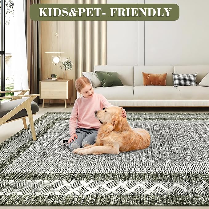 GarveeHome 9x12 Large Modern Green Area Rug Distressed Bordered Rug Soft Non Shedding Floor Carpet, Geometric Rug, Washable Non Slip Rug, Low Pile Indoor Area Rug for Living Room, Bedroom