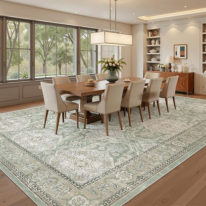 8x10 Area Rugs, Washable Rugs, Large Stain Resistant Area Rug for Living Room Bedroom Dining Room, Vintage Farmhouse Rug Green