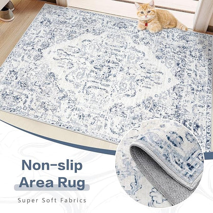 10x14 Area Rugs for Living Room: Washable Rug Vintage Large Rugs Soft Non Slip Low Pile Rug Floral Distressed Floor Carpet for Bedroom Nursery Dining Room Home Office (Blue,10'x14')