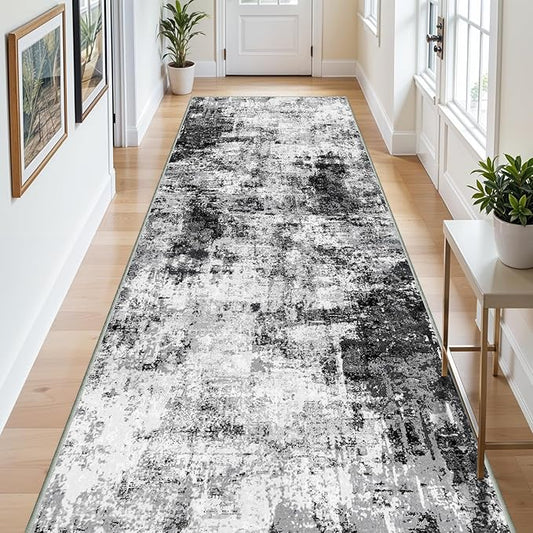 3x12 Washable Runner Rugs for Hallway: Long Abstract Runners for Entryway Bedroom - Stain and Water Resistant Rugs with Non-Slip Backing - Soft Low-Pile Carpet Black Grey