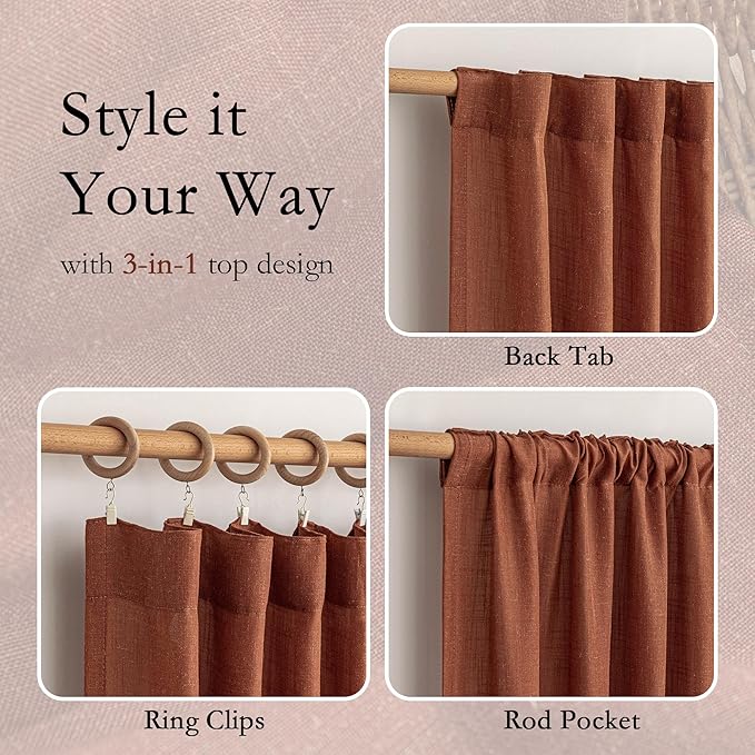 MYSKY HOME Curtains for Living Room 84 Inches Long Light Filtering Semi Sheer Curtains Bedroom Window Drapes Privacy Back Tab Farmhouse Rustic Boho Modern Country, Terracotta, 50" x 84", 2 Panels