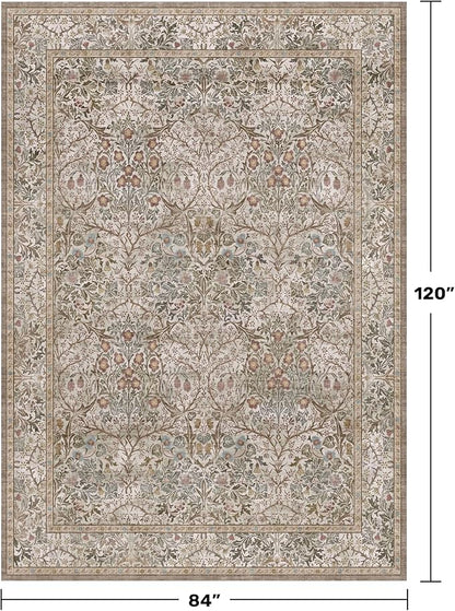 Hazo Haus Vintage Moss Green Living Room Rug, 7x10 Washable Large Area Rugs for Bedroom, Dining Room Rugs Under Kitchen Table, Oriental Taupe Low Pile Stain Resistant Non-Slip
