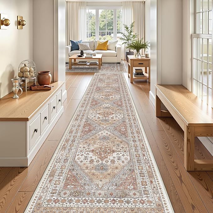3x18 Runner Rug for Hallway, Non-Slip Long Kitchen Mats for Floor, Vintage Washable Rug for Entryway, Soft Hallway Runner for Dining Room, Bedroom, Living Room(Orange,3'x18')
