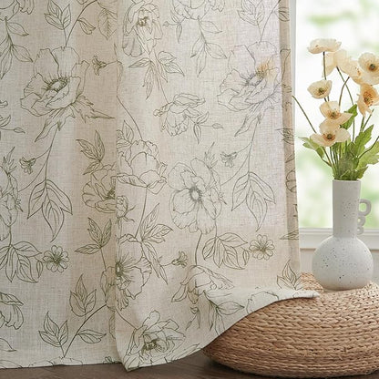 jinchan Floral Linen Curtains for Living Room 84 Inch Length Green Flower Curtain Rod Pocket Back Tab Farmhouse Curtains with Printed Floral Bedroom Window Curtain Set, 2 Panels Green