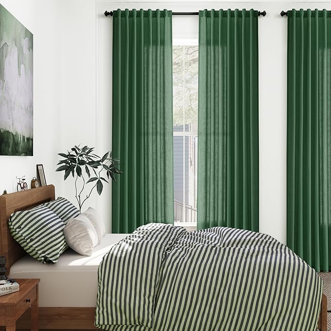 Green Semi Sheer Curtains 120 Inches Long 2 Panels Set Back Tab Loop Pocket Linen Blend Boho Large Window Curtain Extra Long Light Filtering Drapes High Ceiling Curtains for Living Room 52x120