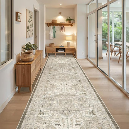 Madane Hallway Runner Rug 3x16 - Vintage Non Slip Washable 16ft Kitchen Runner for Entrance Soft Long Carpet Runners for Living Room Bathroom Low Pile Floor Mat for Bedroom Dining Room, Ivory/Brown