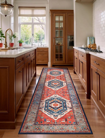 SERISSA Runner Rug for Hallways, 3x8 Washable Non Slip Kitchen Runner Rug, Long Boho Rug Vintage Rust Hallway Stair Ultra Soft Print Floor Carpet for Bedroom Bathroom Laundry Room