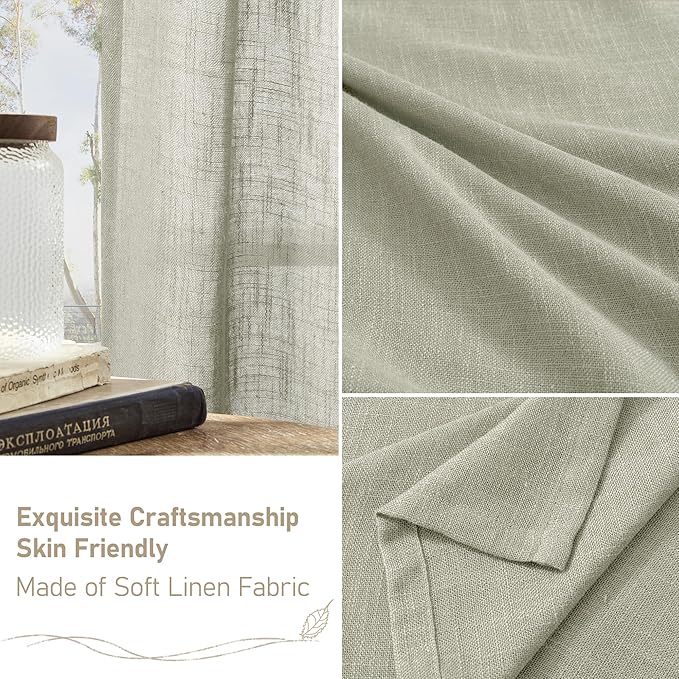 LAMIT Sage Grey Linen Curtains 90 Inch for Living Room, Back Tab and Rod Pocket Linen Textured Farmhouse Curtains Light Filtering Drapes for Bedroom/Dining Room, Set of 2, 52 x 90 Inch