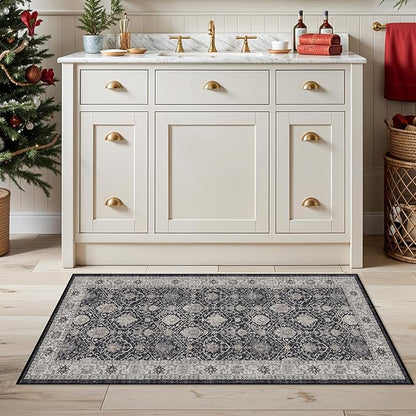 Entryway 2x4 Washable Area Rug: Oriental Stain Resistant Kitchen Runner Rugs Farmhouse Ultra Soft Bathroom Bedroom Print Floor Mat Thin Non Slip Indoor Carpet for Living Room Laudry Room(2x4,Black)