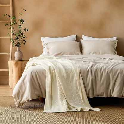 Bedsure 100% Cotton Muslin Blankets for Adults Large Throw 50x70 Inches - 4-Layer Breathable and Lightweight, Soft Boho Gauze Muslin Cotton Blanket for Couch Decor Travel Summer, Cream