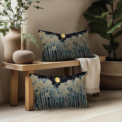 Rustic William Morris Night Forest Green Moon Decor Pillow Covers 12x20 Set of 2,Vintage Botanical Nature Landscape Decorative Throw Pillow Covers for Home Bedroom Living Room