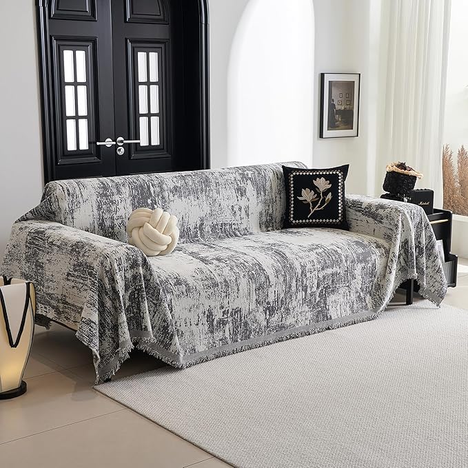 MYSKY HOME Boho Couch Cover for Dogs Washable Deep Grey Abstract Couch Sofa Protector for Loveseat Sofa Pets Friendly Chenille Geometric Sofa Covers Soft Durable Farmhouse Sofa Slipcovers, 91" X118"