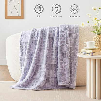 EXQ Home Fleece Throw Blanket for Couch or Bed - 3D Waffle Patchwork Pattern Jacquard Decorative Blankets - Cozy Soft Lightweight Fuzzy Flannel Blanket Suitable for All Seasons(50"×60",Light Purple)