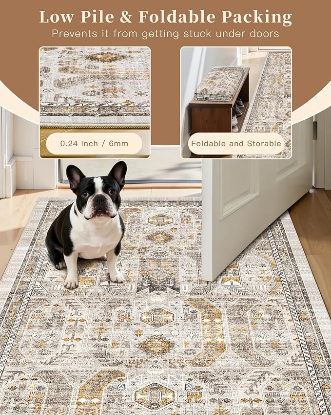 Madane Kitchen Runner Rug - 2x7 Runner Rugs with Rubber Backing Non Slip Vintage Washable Rug Runner Ultra-Thin Throw Carpet Runners for Hallways Bedroom Laundry Room(2'x7', Brown/Gold)