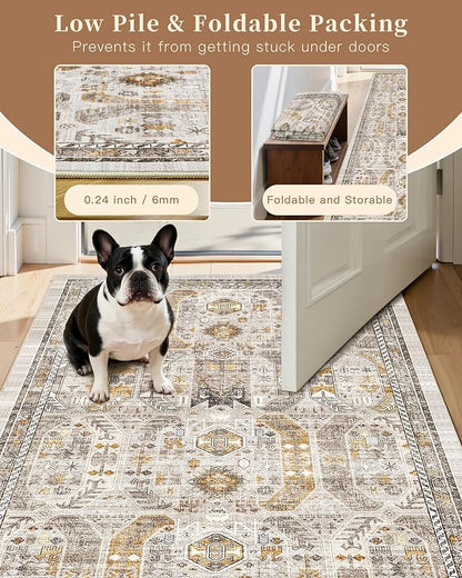 Madane Hallway Runner Rug 3x6 - Washable Kitchen Rugs Entryway Rug Runner Vintage Soft Floor Mat Non Slip Indoor Farmhouse Carpet for Bathroom Living Room Bedroom (3 X 6, Brown/Gold)