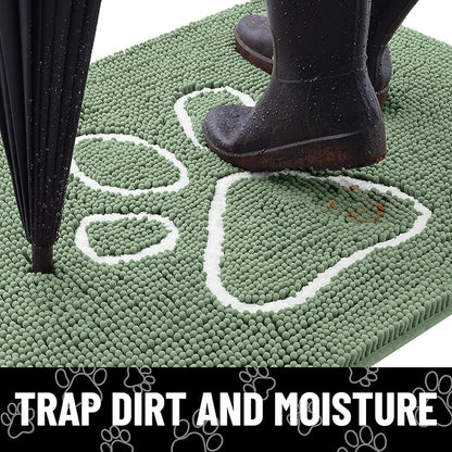 Smiry Dog Door Mat for Muddy Paws, Absorbent Dirt Trapper Non Slip Quick Dry Washable Chenille Mat for Mud Dogs, Entry Rug for Indoor and Outdoor (40x32 Inches, Olive Green and White)