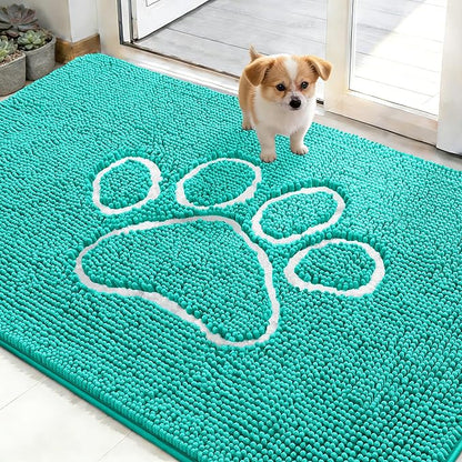 OLANLY Dog Door Mat for Muddy Paws 48x30, Paw Print Design, Absorbs Moisture and Dirt, Absorbent Non-Slip Washable Doormat, Quick Dry Chenille Mud Mat for Dogs, Entry Indoor Entryway Carpet, Teal