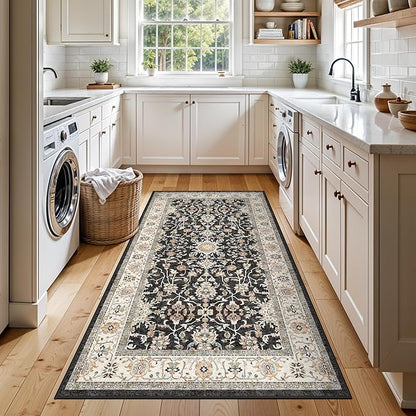 Washable 3x6 Hallway Runner Rug: Non-Slip Low Pile Rug for Hallway Kitchen Stain Resistant Soft Floor Mat Indoor Durable Lightweight Carpet for Bathroom Living Room Bedroom Entryway (Black, 3x6)