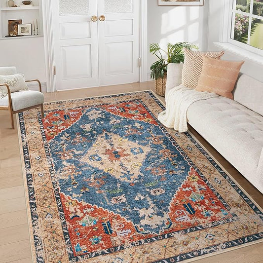 Area Rug 5x7 Washable Rug, Vintage Boho Medallion Rugs Non-Slip Soft Low Pile Large Distressed Rug Indoor Retro Carpet for Living Room Bedroom Dining Room Office (TribalMedallionMulti, 5'x7')