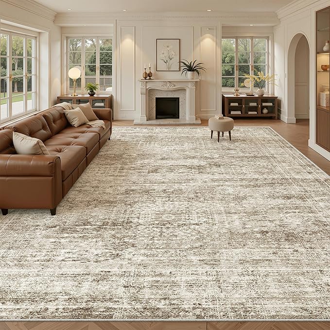 12x15 Washable Area Rug Brown Neutral Abstract Living Room Large Carpet Non Slip Bedroom Indoor Office Dining Room Low Pile Thin Rug