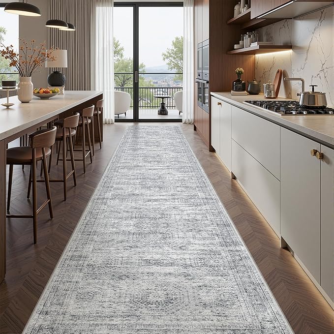 Long Hallway Runner Rug- Carpet Runners for Hallway 12ft, Anti Slip Backing Washable Rug Runner for Bathroom, Entrance, Living Room, Soft Low Pile Modern Rug Runner(2'x12', Grey/Ivory)