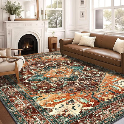 Yamaziot 8x10 Large Area Rug, Non-Slip Washable Boho Vintage Living Room Bedroom Rug with Rubber Backing, Low Pile Faux Wool Soft Distressed Rug Floor Carpet for Living Room, Bedroom