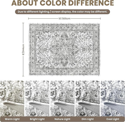 zesthome 8x10 Area Rugs for Living Room,Non-Slip Backing Washable Rugs,Vintage Large Area Rug，Stain Resistant Home Decor Rug (Grey/White,8'x10')