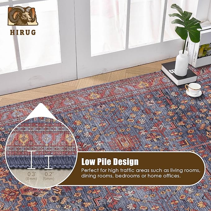 Washable Area Rug 3' x 5 ' Vintage Traditional Persian Mat - Foldable Distressed Non-Slip Machine Washable Carpet for Living Room Bedroom Kitchen Home Decor - Indigo and Crimson