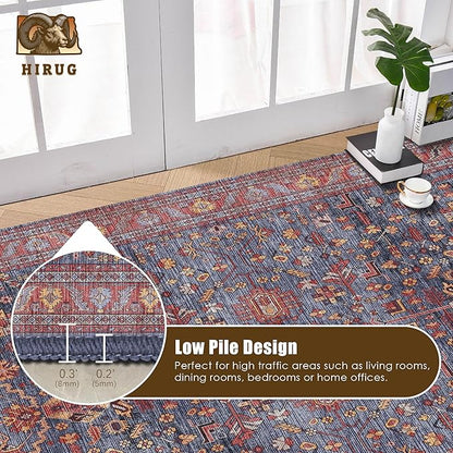 Washable Area Rug 5' x 7' Vintage Traditional Persian Mat - Foldable Distressed Non-Slip Machine Washable Carpet for Living Room Bedroom Kitchen Home Decor - Indigo and Crimson