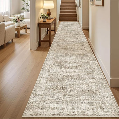 Runner Rug 2'6" x 10' Washable Non-Slip Runner Rugs for Kitchen Bathroom Laundry Room Vintage Ultra Thin Runners for Hallway Entryway Brown