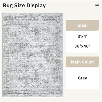3x4 Rug, Small Area Rug for Kitchen, Entryway, Machine Washable Non-Slip Throw Rug, Vintage Carpet for Nursery Coffee Table Grey