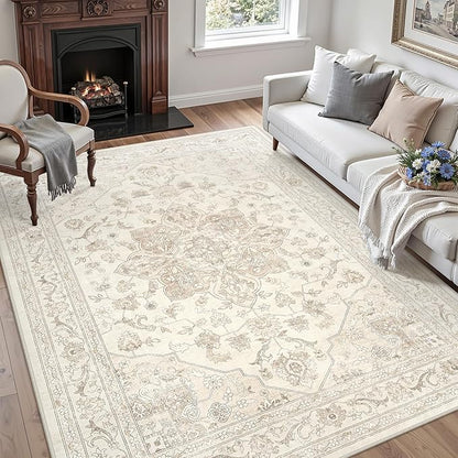 5x7 Area Rugs for Living Room: Vintage Boho Neutral Washable Rug Indoor Soft Large Area Rug Carpet for Bedroom Nursery Farmhouse Dining Room Office Floor Non-Slip Low Pile Under Table Rug Beige White