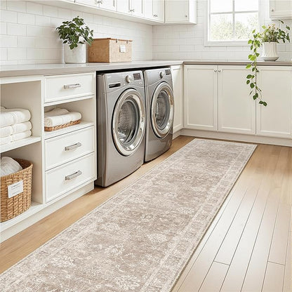 Madane Runner Rug 2x10 for Hallway, Kitchen Non-Slip Runner Rug with Rubber Backing, Vintage Soft Low Pile Throw Neutral Carpet Runner for Laundry Room Entryway Bathroom Bedroom (2 x 10, Brown/Sand)