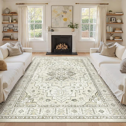 zesthome Area Rug 8x10,Ultra-Thin Washable Rugs for Living Room, Non-Slip Backing Area Rugs,Small Entryway Rug,Vintage Medallion Pattern Rugs (Beige,8'x10')