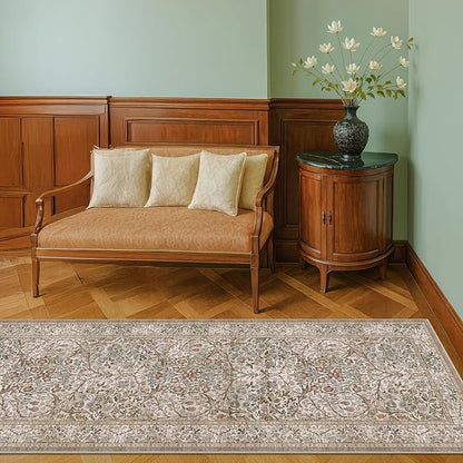Hazo Haus Non Slip 2x10 Moss Green Hallway Runner - 10ft Long Runner Rugs, Washable Kitchen Floor Mat - Vintage Brown Taupe Neutral Floral Design Décor