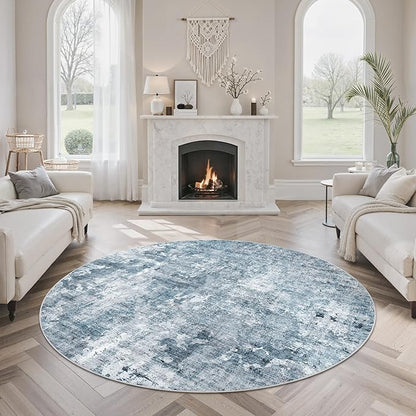 5x5 Blue/Grey Round Rug 5ft Living Room Circle Rug Vintage Round Area Rug Non Slip Indoor Carpet for Entryway Dining Room Bedroom