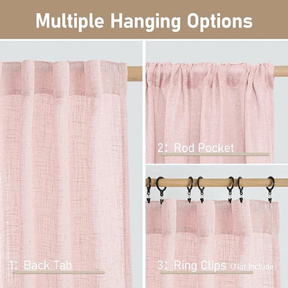 LAMIT Linen Curtains 48 Inch Length 2 Panels, Light Filtering Panels Back Tab and Rod Pocket Neutral Drapes for Kitchen/Window/Kids Room/Bedroom, 34 x 48 Inch Pink