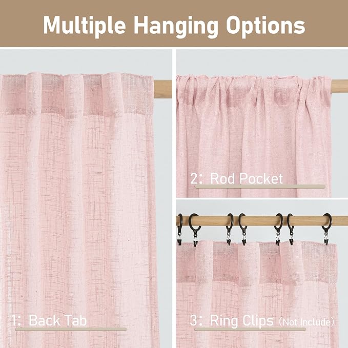 LAMIT Semi Sheer Linen Curtains 45 Inches Long, Light Filtering Panels Back Tab and Rod Pocket Neutral Drapes for Girls Room/Window/Bedroom, Pink, 2 Panels, 52 x 45 Inch