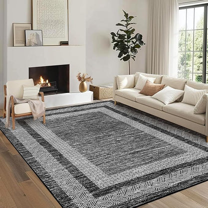 GarveeHome Large Washable Rug 9x12 Modern Geometric Non Slip, Distressed Bordered Printed Rug, Soft Non Shedding Indoor Carpet, Low Pile Thin Foldable Mats for Open Spaces Offices, Black