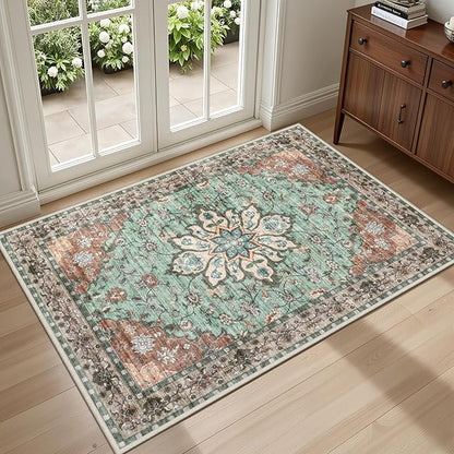 2x3 Area Rugs Living Room Rug: Washable Vintage Distressed Floral Rug No Slip Stain Resistant Soft Carpet Indoor Large Carpets for Bedroom Dining Room Farmhouse Nursery Hallway Home Office Brown Green