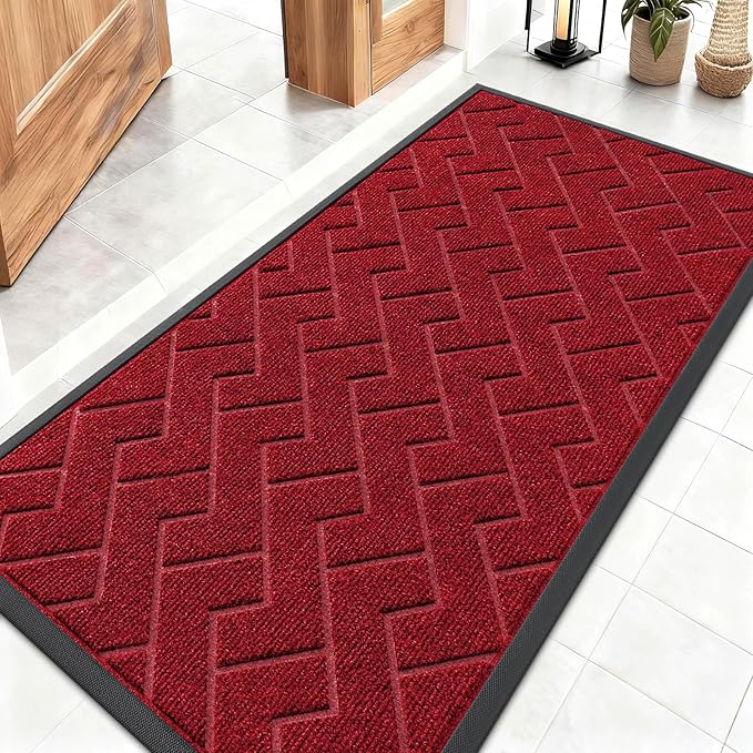 OLANLY Front Door Mat Indoor Outdoor Entrance, Waterproof All-Season, All-Weather Doormat, Sturdy Natural Rubber, Low Profile, Easy Clean Patio Porch Entryway Mat, Herringbone Brick (Wine Red, 47x23)