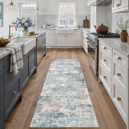 Blue 2x6 Runner Rug Washablel Abstract Hallway Carpet Modern Neutral Non Slip Soft Carpet Low Pile Contemporary Aesthetic Long Rug for Bathroom Laundry Kitchen Bedroom