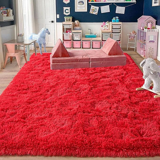 Rugs for Living Room 9x12, Soft Shaggy Modern Shag Area Rug for Bedroom, Upgrade Non-Slip Plush Fluffy Carpet for Kids Boys Girls Room Home Decor Aesthetic, Red