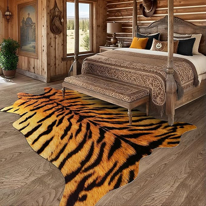 AROGAN Premium Tiger Print Rug 6.2x7 Feet, Machine Washable Faux Fur Rug, Non-Slip Animal Print Hide Tiger Skin Area Rug for Bedroom Living Room Home Decor