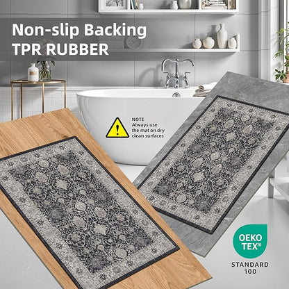 3 Pieces Kitchen Rug Sets: Farmhouse Washable Non-Slip Floor Mat for Sink Stove & Fridge Area Water Resistant Carpet for Laundry Room Entryway Soft Cozy Runners for Kids Pets Family(2x3+2x4+2x5,Black)