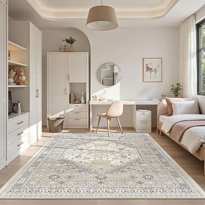 Area Rugs 5x7, Ultra-Thin Washable Rugs for Living Room, Anti-Slip Backing Area Rug for Bedroom, Soft Floral Vintage Home Decor Rug for Dining Room(Beige,5'x7')