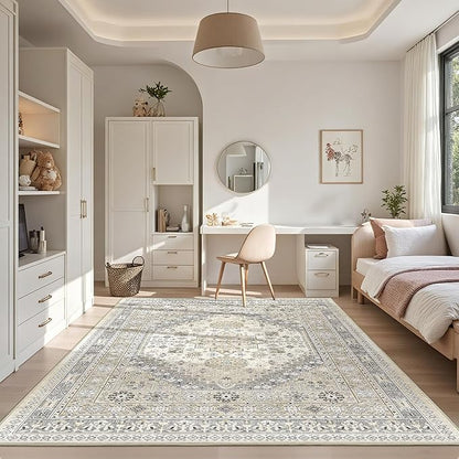 Area Rugs 5x7, Ultra-Thin Washable Rugs for Living Room, Anti-Slip Backing Area Rug for Bedroom, Soft Floral Vintage Home Decor Rug for Dining Room(Beige,5'x7')